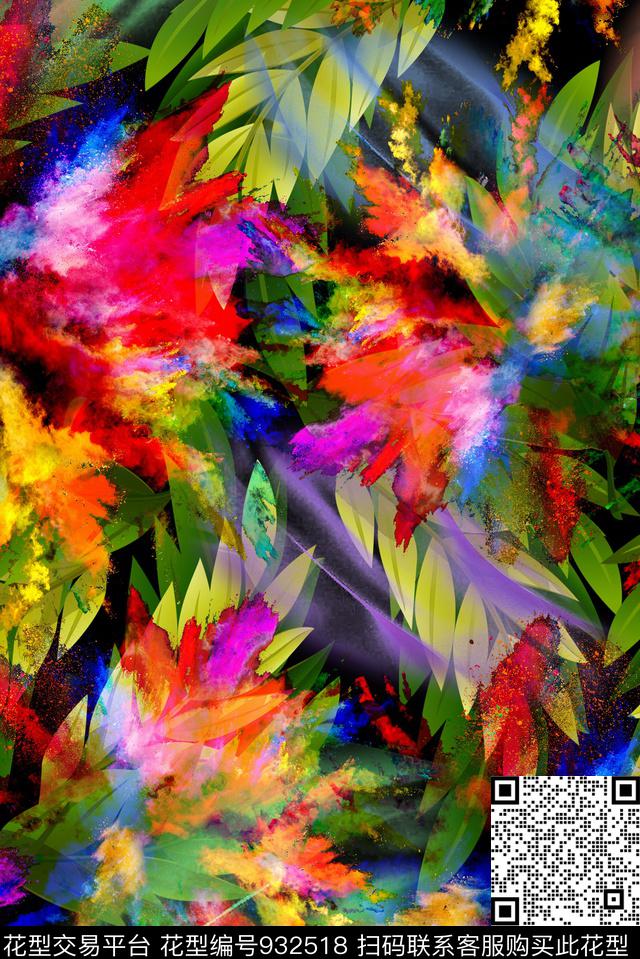绿植树叶泼墨炫彩数码印花华亿平台下载（图片编号: 932518） - 瓦栏（Walan）