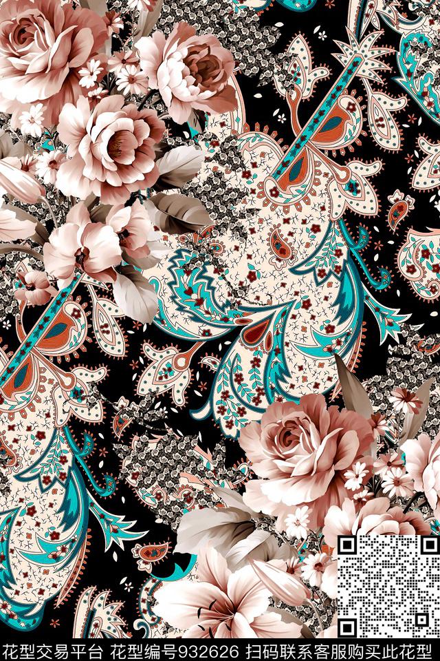 花卉几何佩斯里数码印花华亿平台下载（图片编号: 932626） - 瓦栏（Walan）