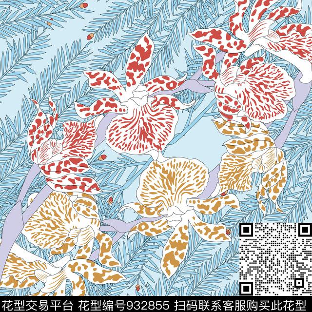 花卉方巾绿植树叶传统印花华亿平台下载（图片编号: 932855） - 瓦栏（Walan）