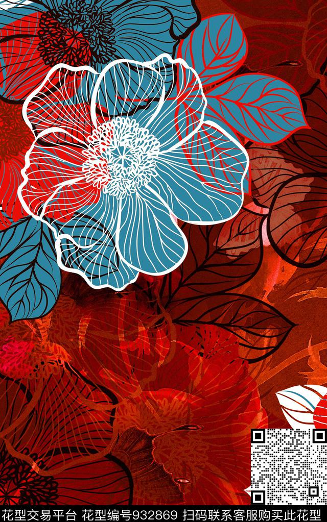 肌理线条花卉几何数码印花华亿平台下载（图片编号: 932869） - 瓦栏（Walan）
