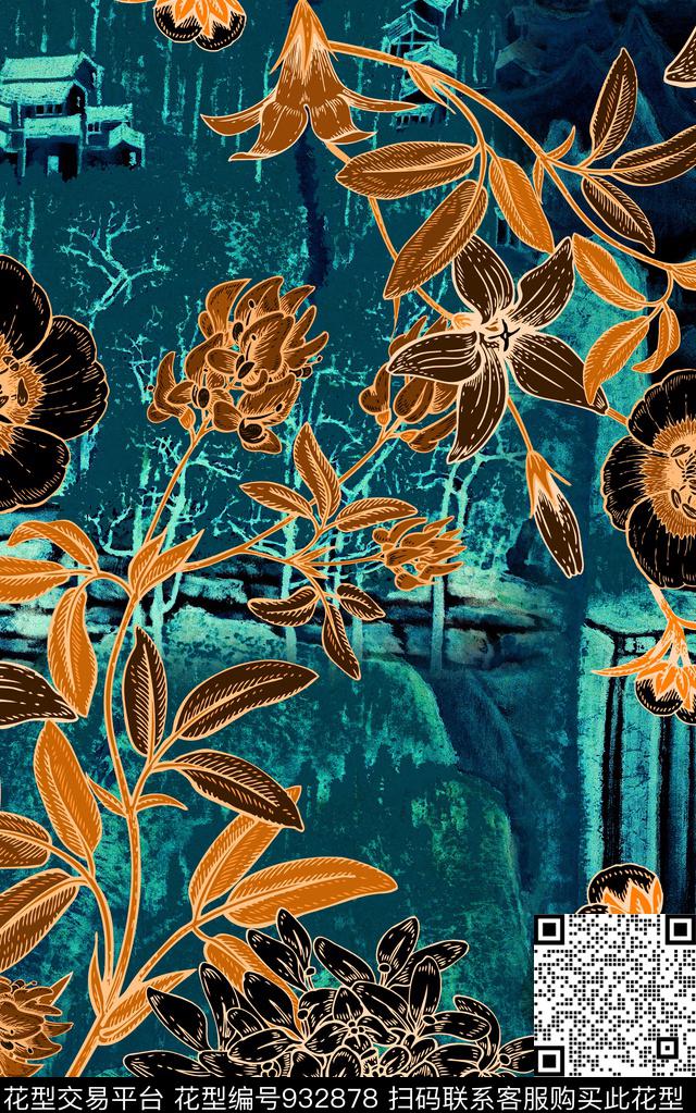 肌理线条花卉几何数码印花华亿平台下载（图片编号: 932878） - 瓦栏（Walan）