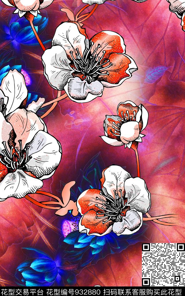 肌理线条花卉几何数码印花华亿平台下载（图片编号: 932880） - 瓦栏（Walan）