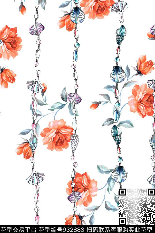条纹花卉贝壳数码印花华亿平台下载（图片编号: 932883） - 瓦栏（Walan）