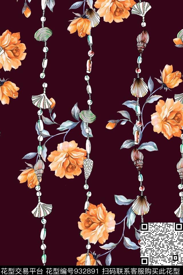 条纹花卉贝壳数码印花华亿平台下载（图片编号: 932891） - 瓦栏（Walan）