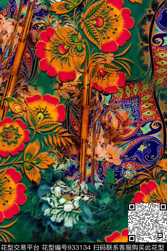 花卉民族风复古数码印花华亿平台下载（图片编号: 933134） - 瓦栏（Walan）