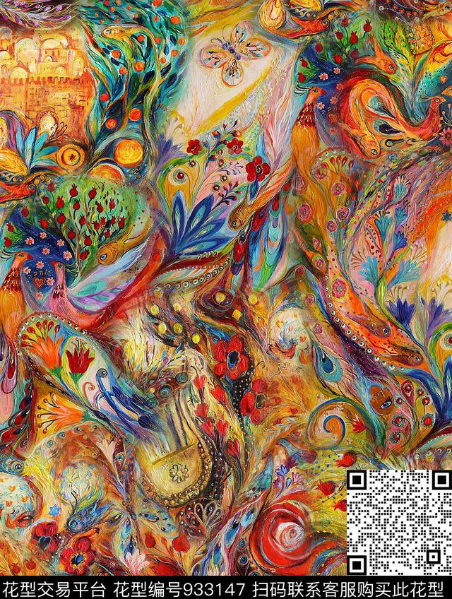 波西米亚手绘花卉花纹数码印花华亿平台下载（图片编号: 933147） - 瓦栏（Walan）