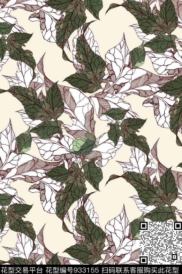 线条手绘花卉绿植树叶数码印花华亿平台下载（图片编号: 933155） - 瓦栏（Walan）