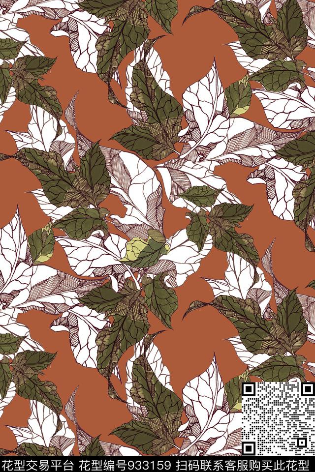 线条手绘花卉绿植树叶数码印花华亿平台下载（图片编号: 933159） - 瓦栏（Walan）