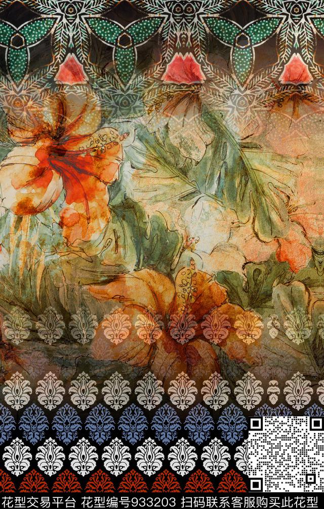 手绘花卉花纹肌理数码印花华亿平台下载（图片编号: 933203） - 瓦栏（Walan）
