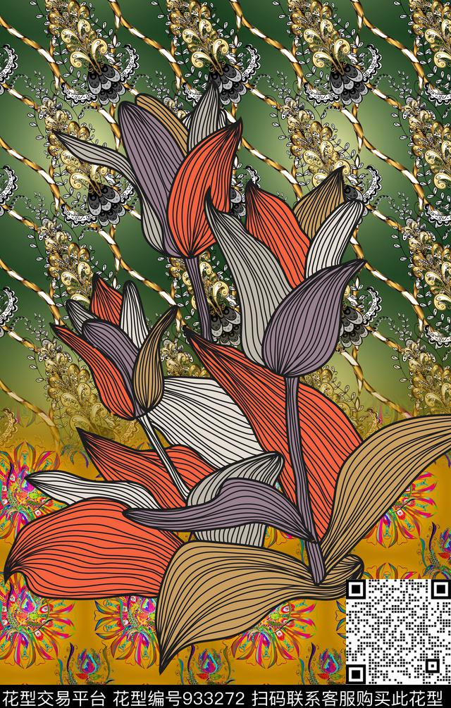 植物手绘花卉花纹数码印花华亿平台下载（图片编号: 933272） - 瓦栏（Walan）