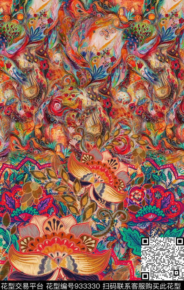 定位花手绘花卉花纹数码印花华亿平台下载（图片编号: 933330） - 瓦栏（Walan）