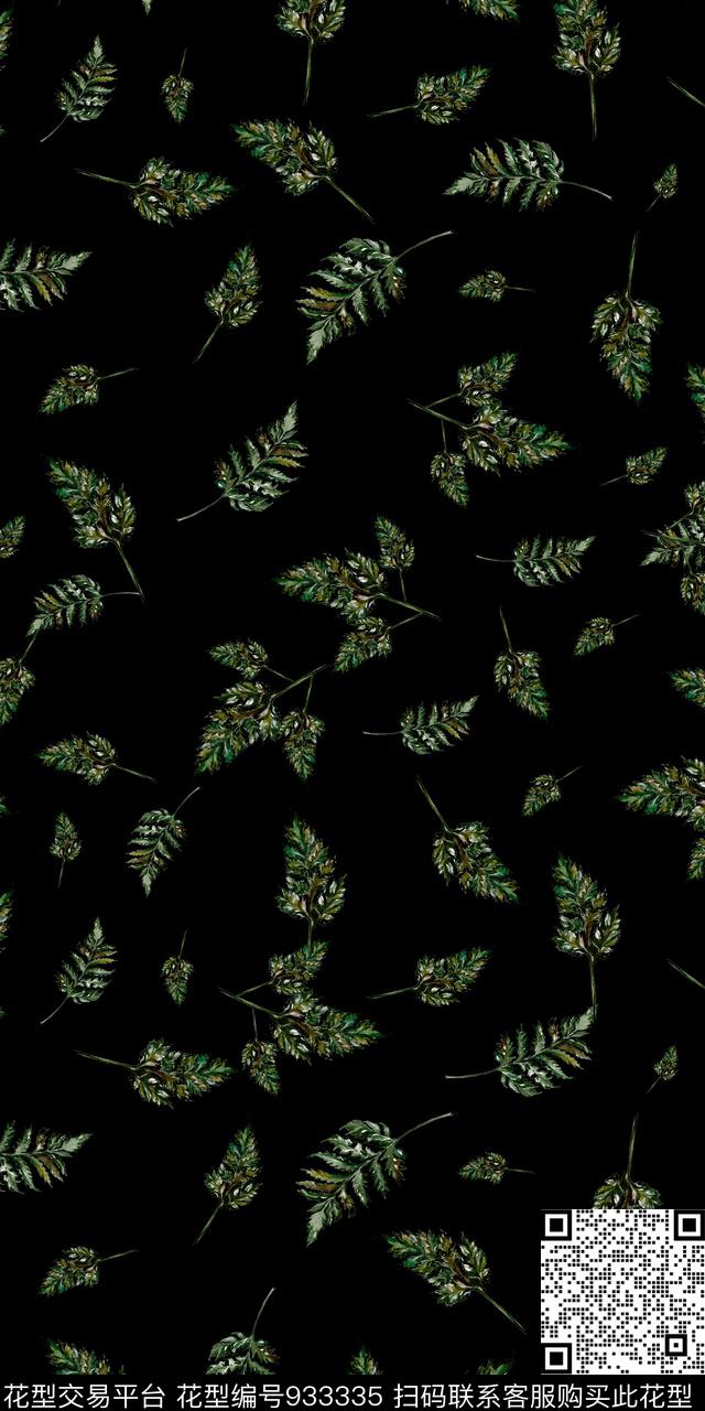 黑底花卉绿植树叶3D立体数码印花华亿平台下载（图片编号: 933335） - 瓦栏（Walan）