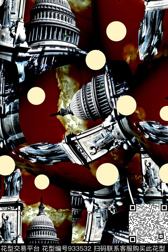 波点建筑复古风格数码印花华亿平台下载（图片编号: 933532） - 瓦栏（Walan）