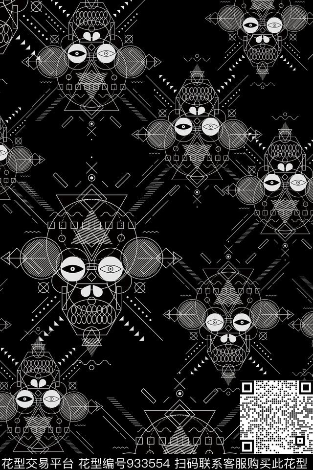 线条画大牌风骷髅数码印花华亿平台下载（图片编号: 933554） - 瓦栏（Walan）