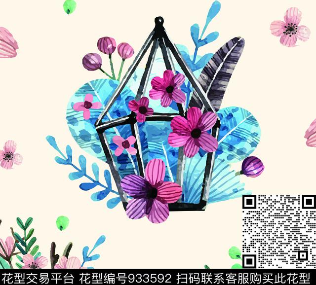 水彩花卉定位花大牌风数码印花华亿平台下载（图片编号: 933592） - 瓦栏（Walan）