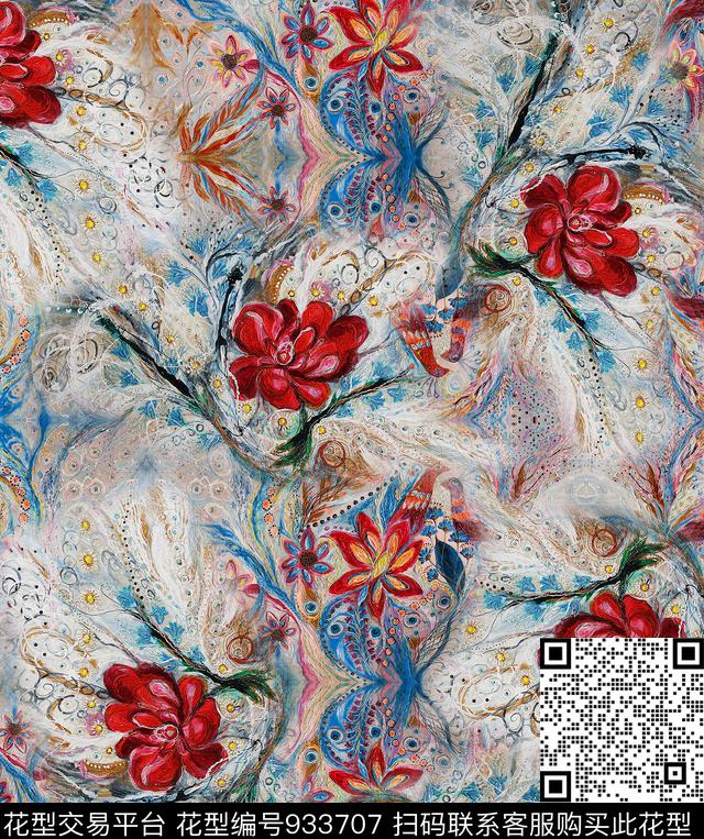 波西米亚手绘花卉花纹数码印花华亿平台下载（图片编号: 933707） - 瓦栏（Walan）