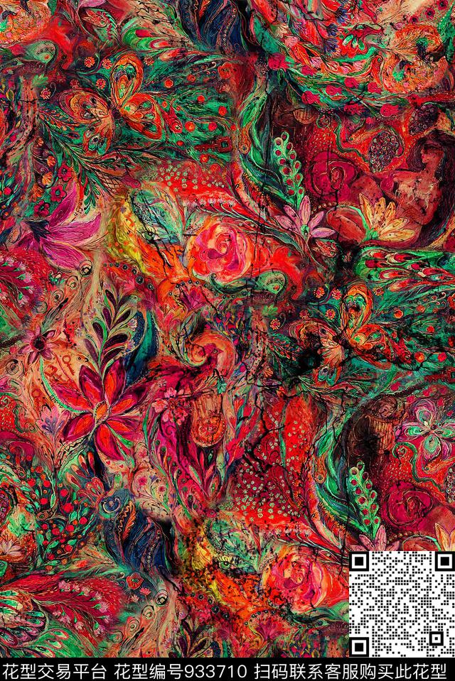 波西米亚手绘花卉花纹数码印花华亿平台下载（图片编号: 933710） - 瓦栏（Walan）