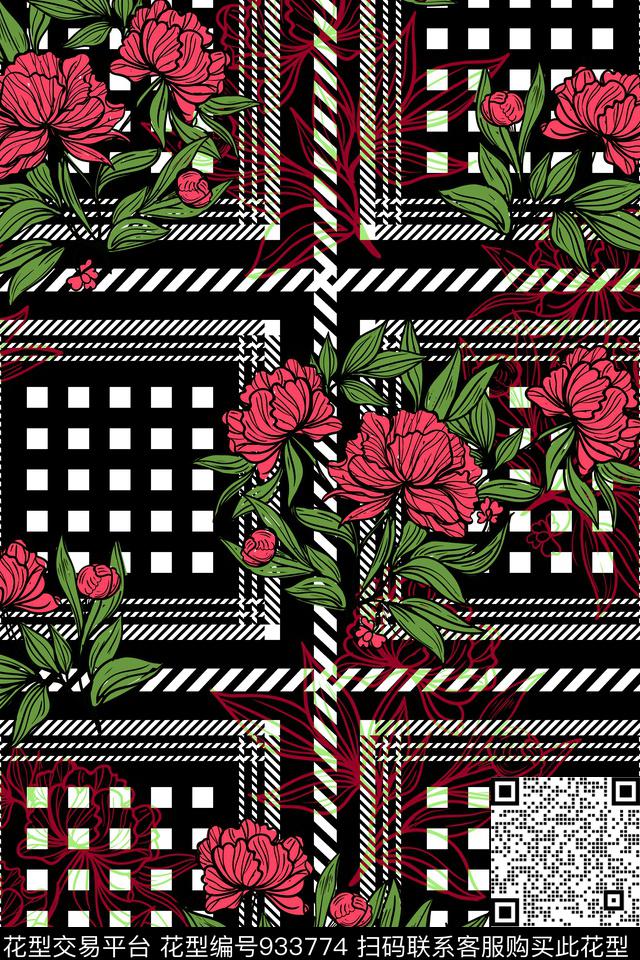 格子几何花卉黑底花卉数码印花华亿平台下载（图片编号: 933774） - 瓦栏（Walan）