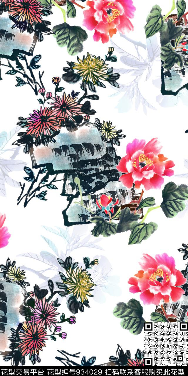 水彩花卉中国风水墨风数码印花华亿平台下载（图片编号: 934029） - 瓦栏（Walan）