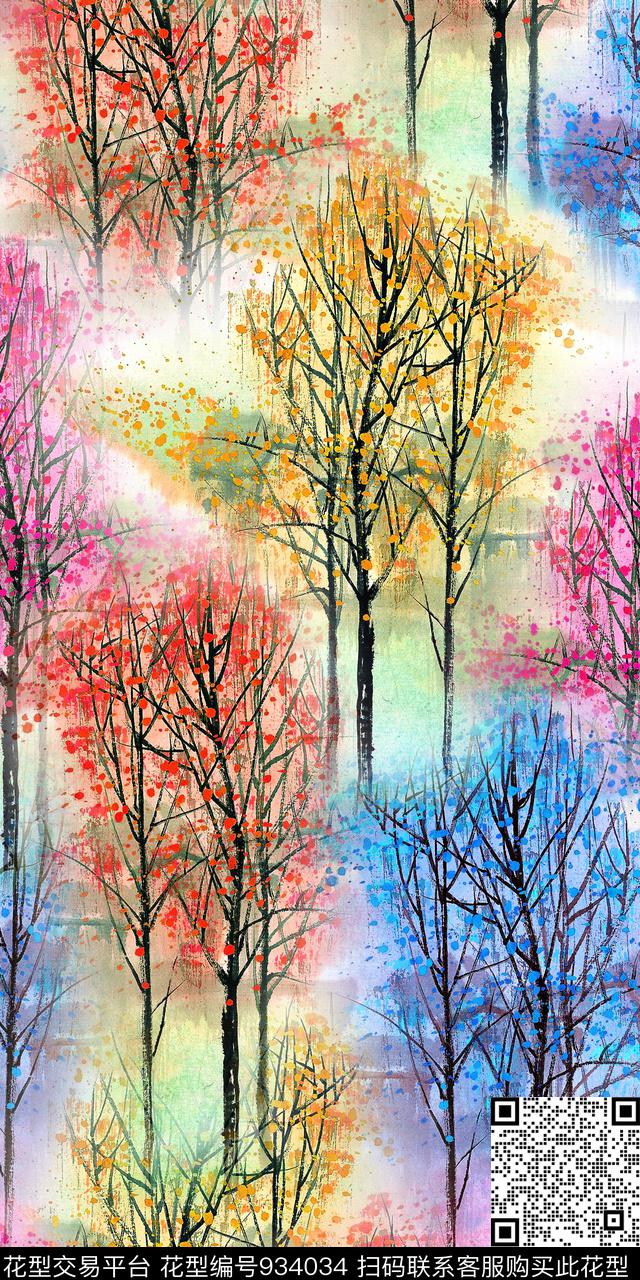 水彩花卉树林中国风数码印花华亿平台下载（图片编号: 934034） - 瓦栏（Walan）