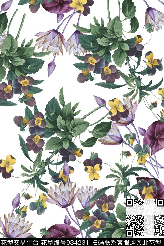 数码华亿平台大牌风手绘花卉数码印花华亿平台下载（图片编号: 934231） - 瓦栏（Walan）