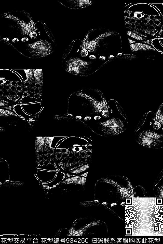 洋阳---男装黑白礼帽黑色男装华亿平台传统印花华亿平台下载（图片编号: 934250） - 瓦栏（Walan）