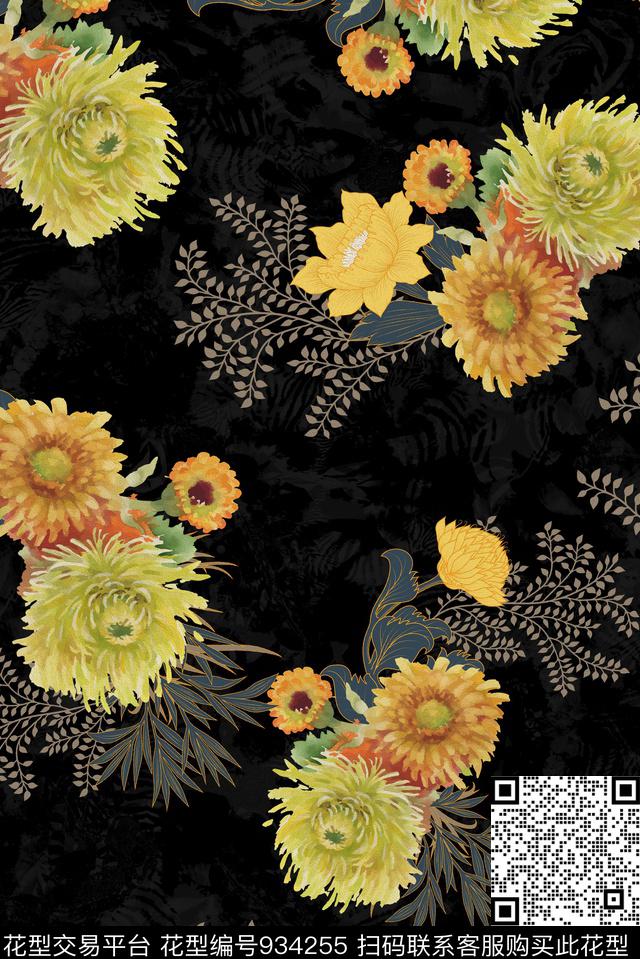 花卉黑底花卉3D立体数码印花华亿平台下载（图片编号: 934255） - 瓦栏（Walan）