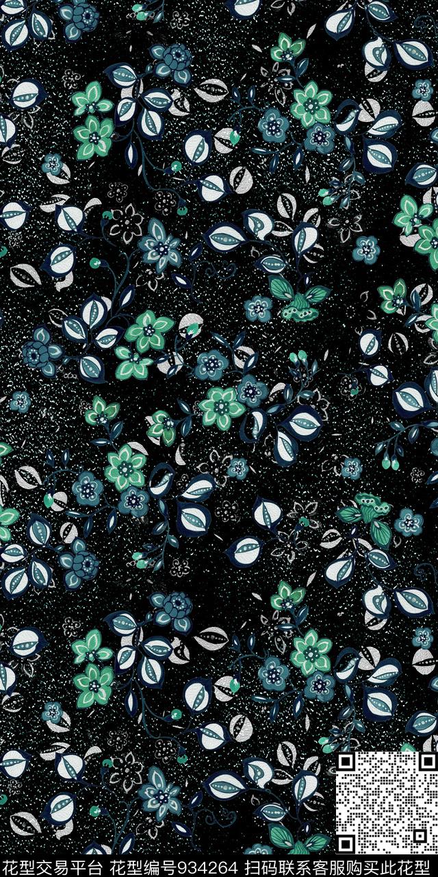 花卉黑底花卉绿植树叶数码印花华亿平台下载（图片编号: 934264） - 瓦栏（Walan）