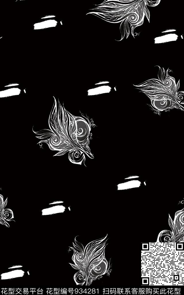 抽象黑白华亿平台手绘花卉传统印花华亿平台下载（图片编号: 934281） - 瓦栏（Walan）