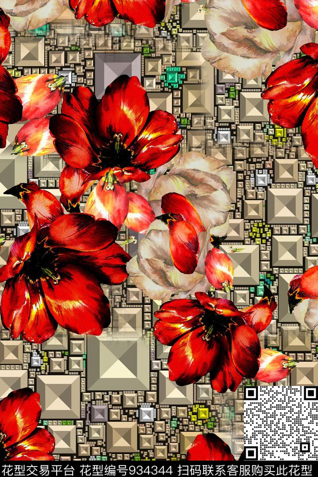 花卉植物珠宝宝石数码印花华亿平台下载（图片编号: 934344） - 瓦栏（Walan）