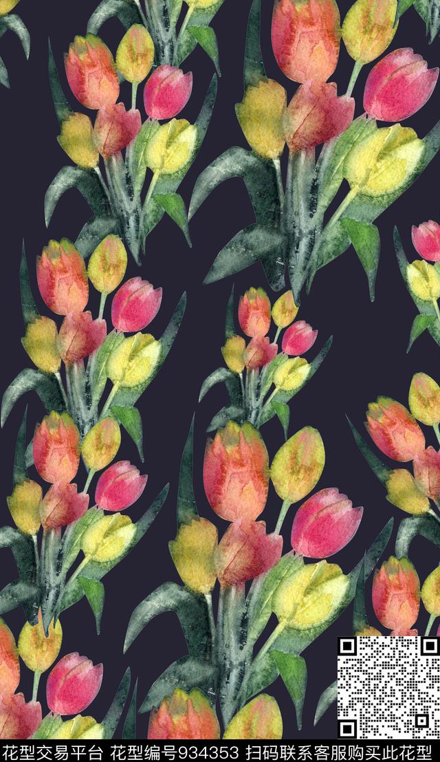 郁金香花卉定位花数码印花华亿平台下载（图片编号: 934353） - 瓦栏（Walan）