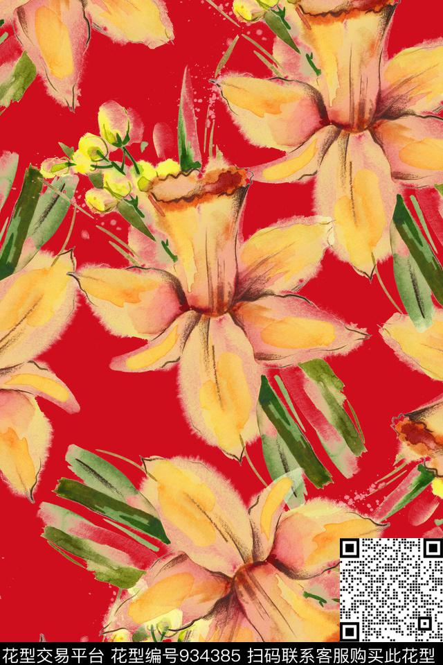 大花花卉植物数码印花华亿平台下载（图片编号: 934385） - 瓦栏（Walan）