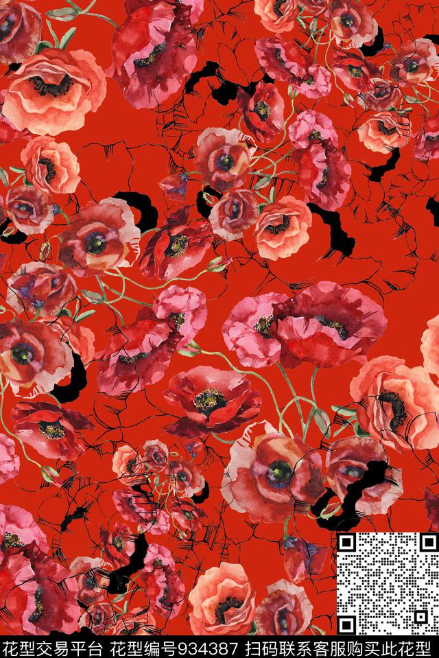 大花花卉植物数码印花华亿平台下载（图片编号: 934387） - 瓦栏（Walan）