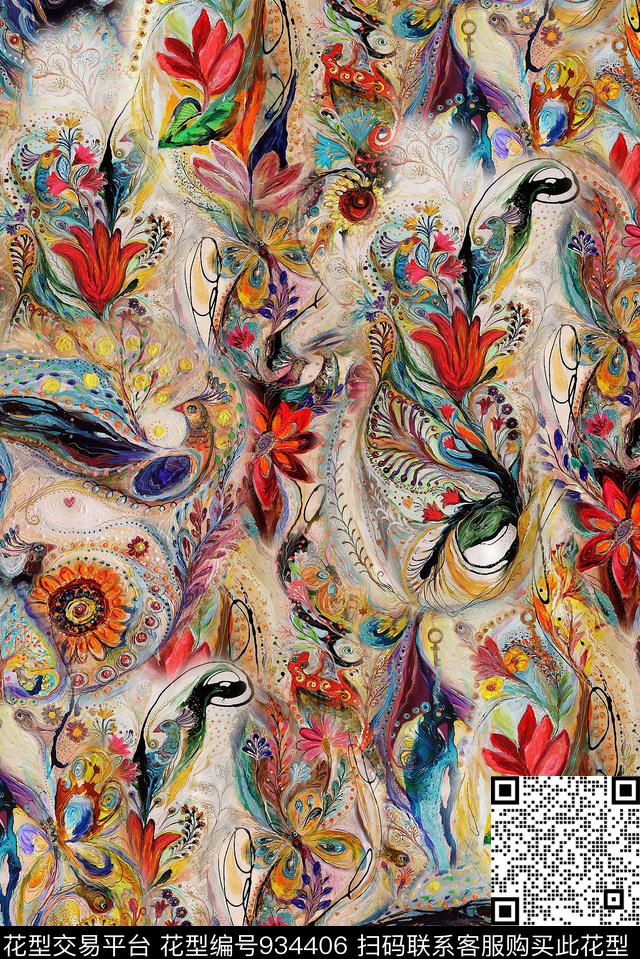花鸟手绘花卉花纹数码印花华亿平台下载（图片编号: 934406） - 瓦栏（Walan）