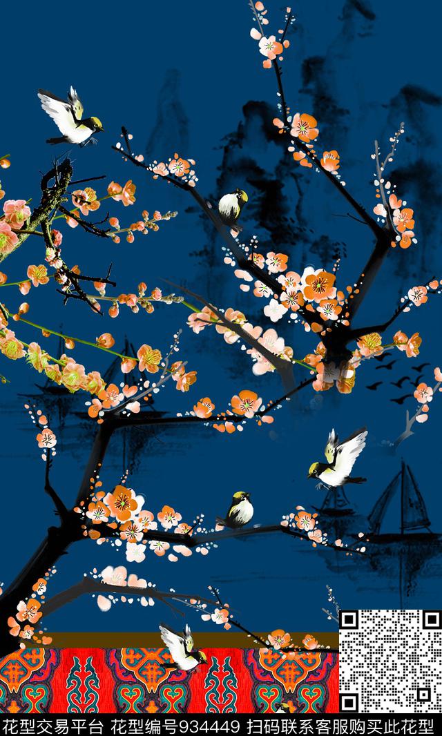 梅花鸟中国风数码印花华亿平台下载（图片编号: 934449） - 瓦栏（Walan）