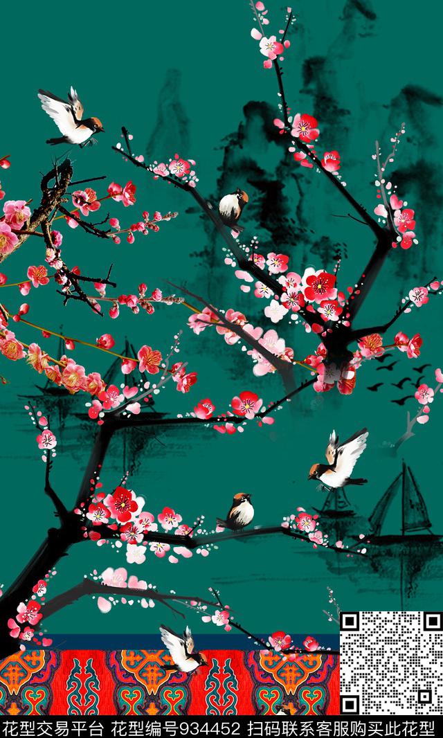 梅花鸟中国风数码印花华亿平台下载（图片编号: 934452） - 瓦栏（Walan）