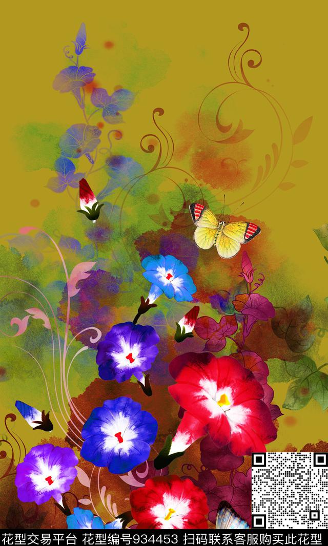水彩花卉定位花蝴蝶数码印花华亿平台下载（图片编号: 934453） - 瓦栏（Walan）