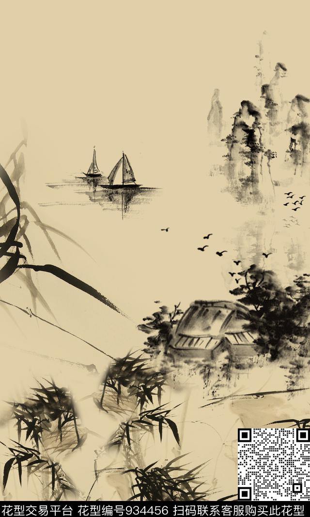 中国风定位花竹子国画数码印花华亿平台下载（图片编号: 934456） - 瓦栏（Walan）