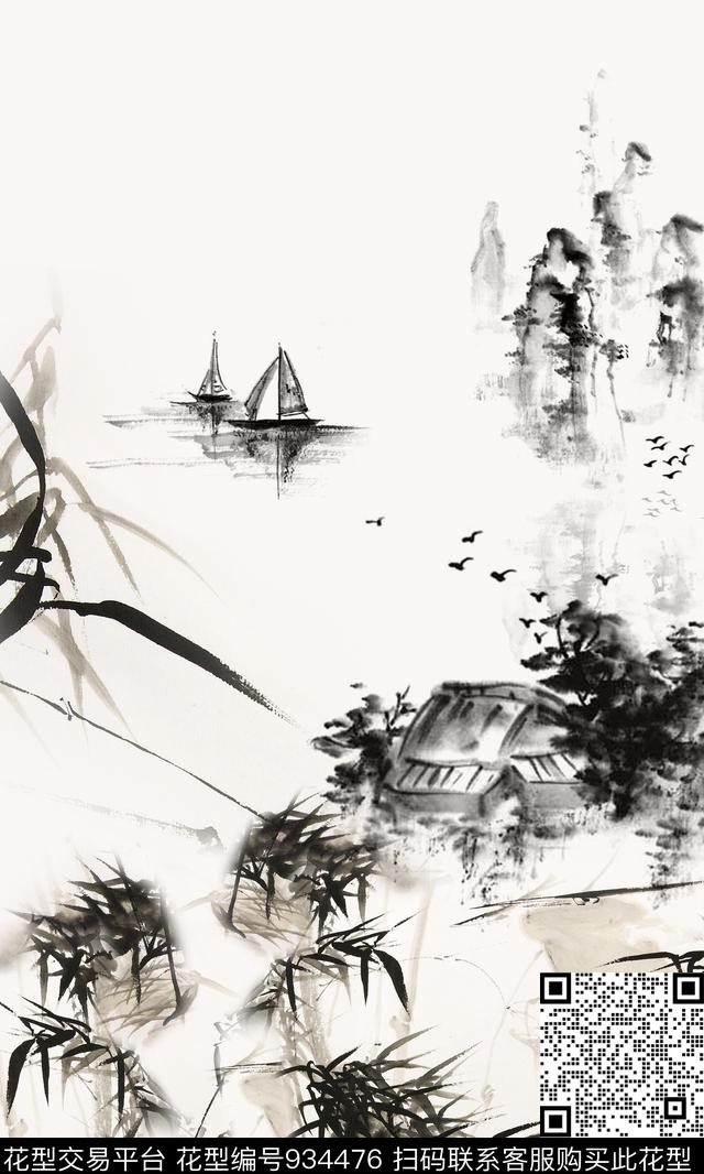 中国风定位花竹子国画数码印花华亿平台下载（图片编号: 934476） - 瓦栏（Walan）