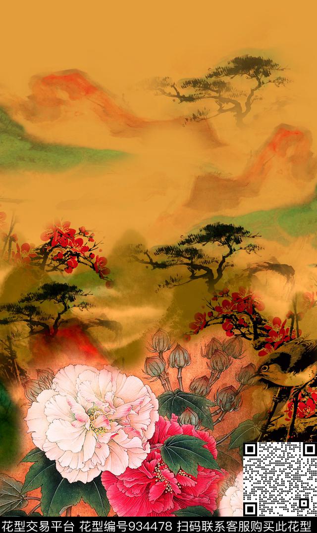 花鸟中国风国画数码印花华亿平台下载（图片编号: 934478） - 瓦栏（Walan）