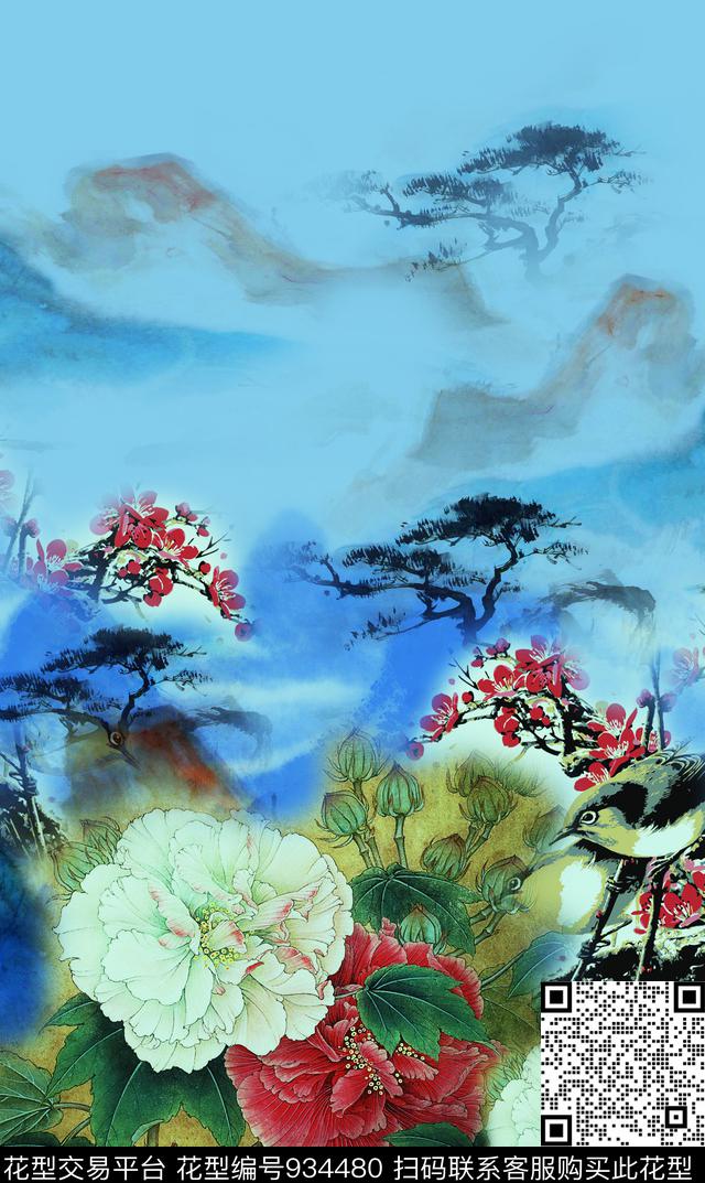 花鸟中国风国画数码印花华亿平台下载（图片编号: 934480） - 瓦栏（Walan）