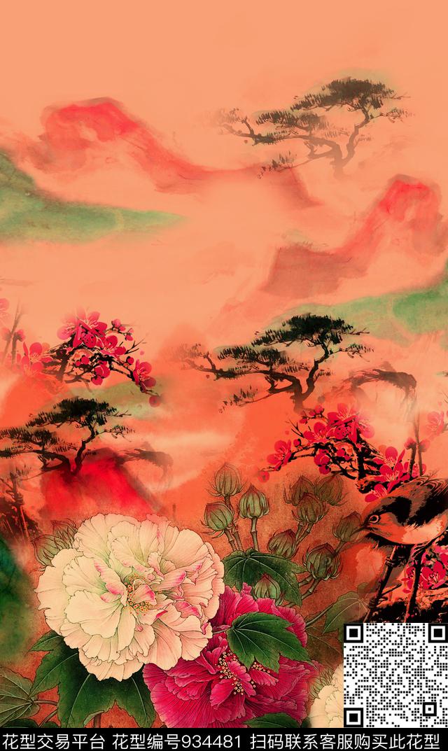 花鸟中国风国画数码印花华亿平台下载（图片编号: 934481） - 瓦栏（Walan）