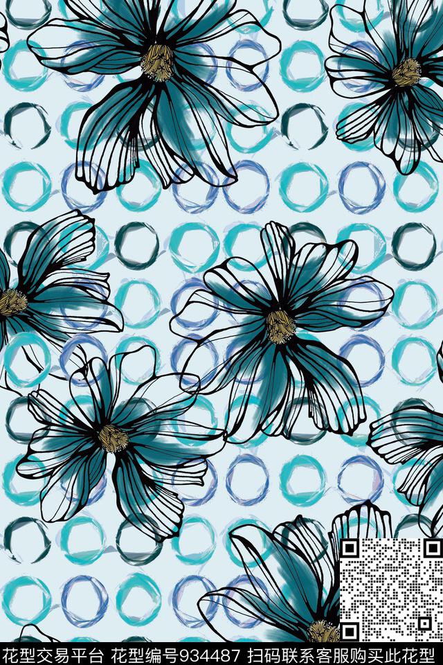 线条花卉手绘花卉数码印花华亿平台下载（图片编号: 934487） - 瓦栏（Walan）