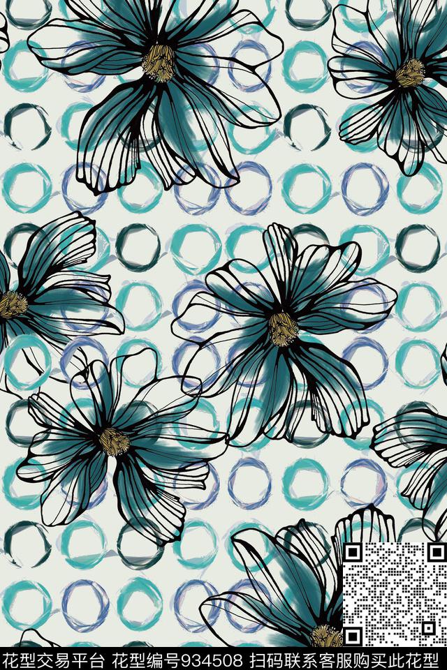 线条花卉手绘花卉数码印花华亿平台下载（图片编号: 934508） - 瓦栏（Walan）
