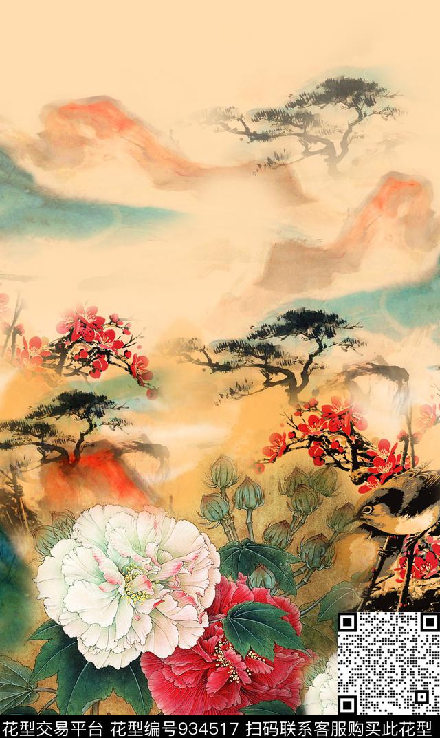 花鸟中国风国画数码印花华亿平台下载（图片编号: 934517） - 瓦栏（Walan）