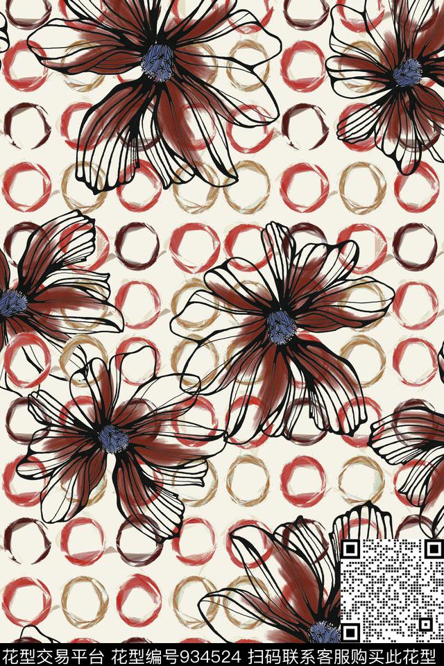 线条花卉手绘花卉数码印花华亿平台下载（图片编号: 934524） - 瓦栏（Walan）