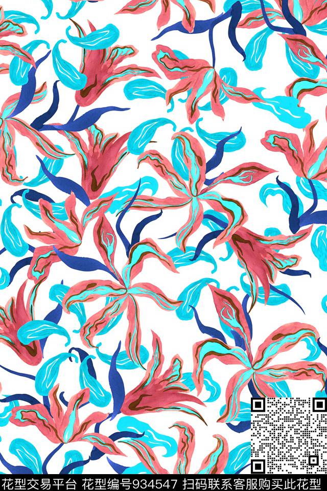 线条抽象花卉数码印花华亿平台下载（图片编号: 934547） - 瓦栏（Walan）