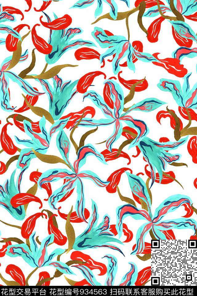 线条抽象花卉数码印花华亿平台下载（图片编号: 934563） - 瓦栏（Walan）