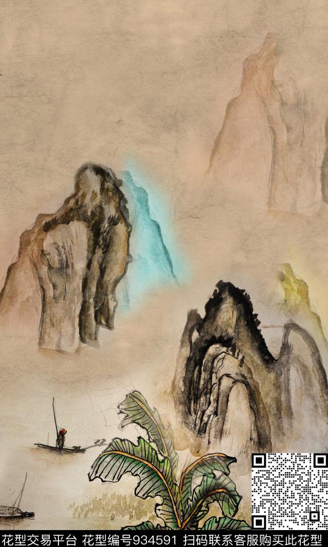 中国风国画绿植树叶数码印花华亿平台下载（图片编号: 934591） - 瓦栏（Walan）