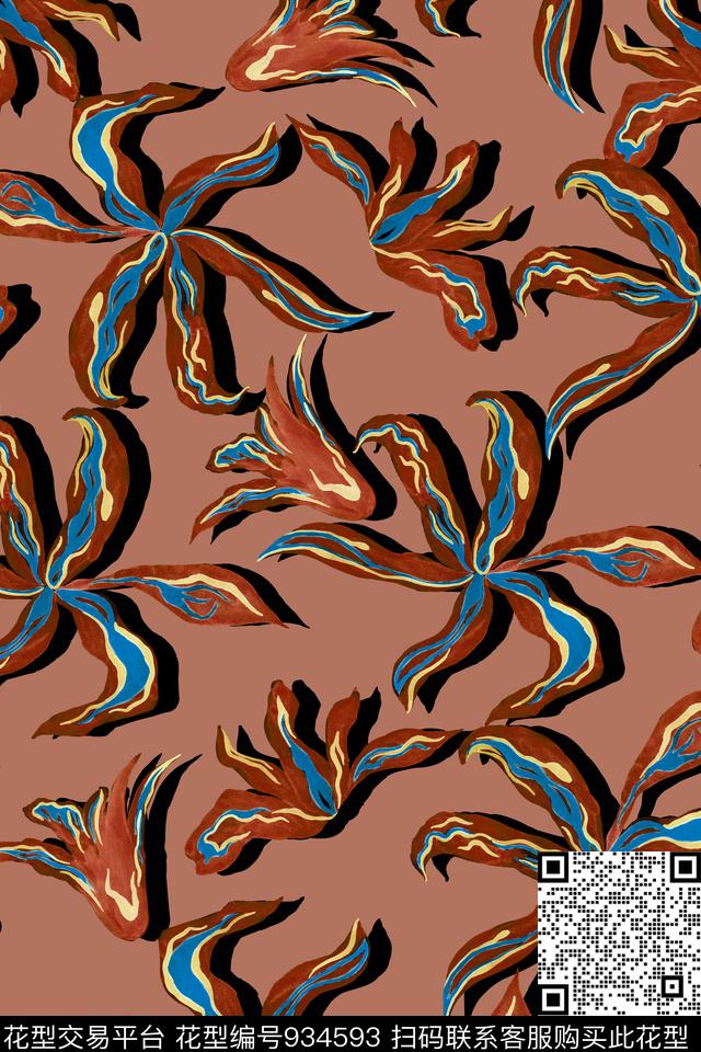 线条抽象花卉数码印花华亿平台下载（图片编号: 934593） - 瓦栏（Walan）